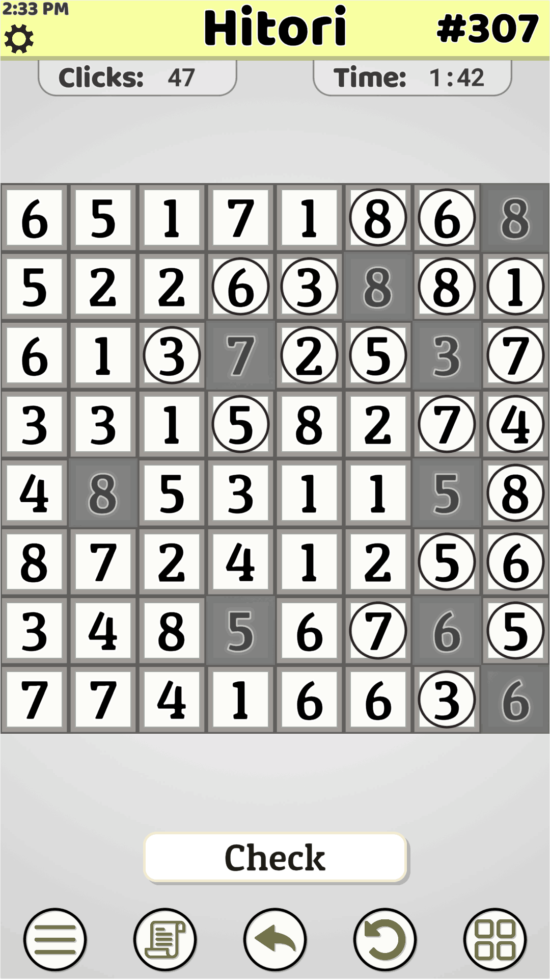 Hitori puzzle in light mode